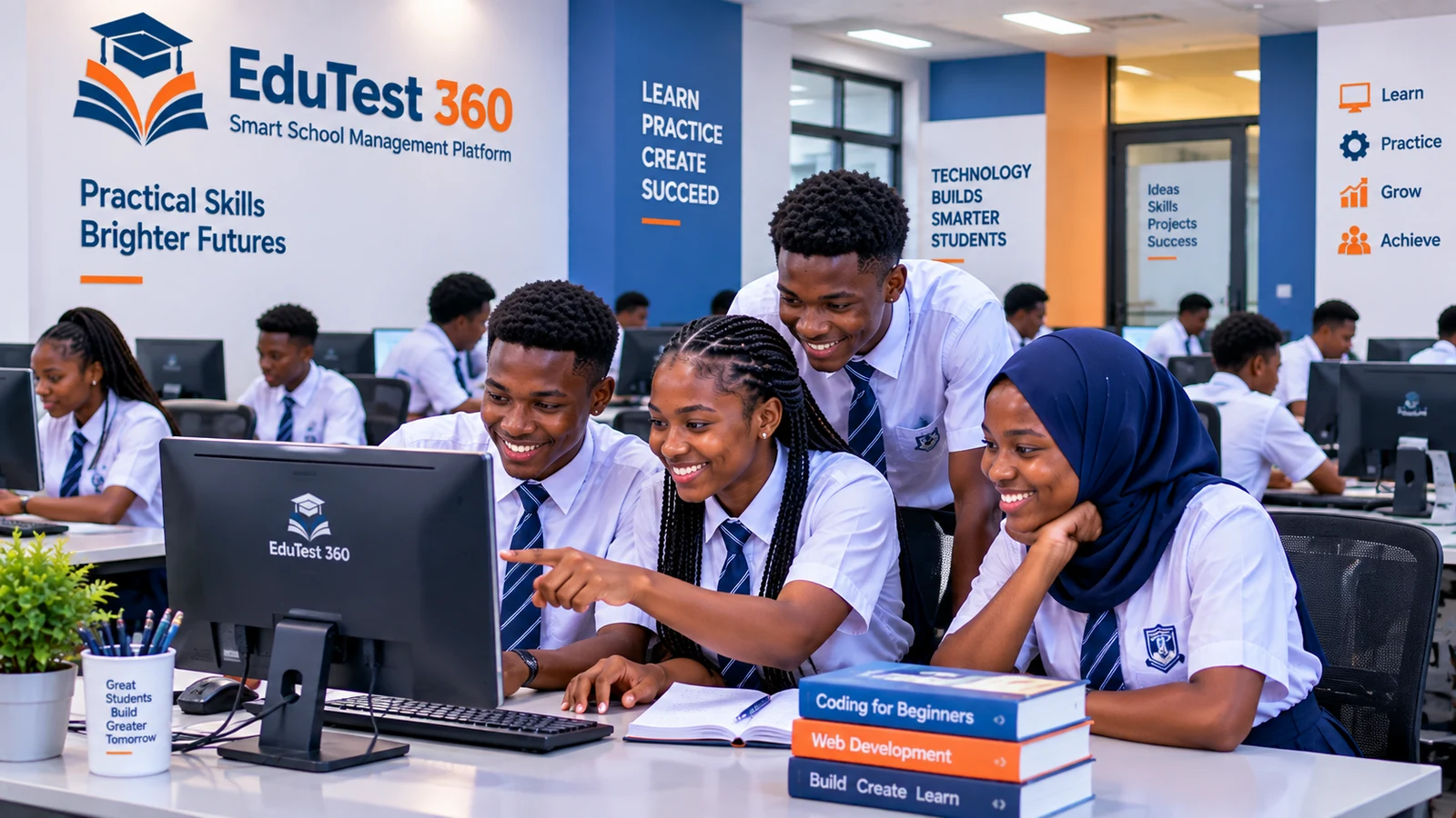 Nigerian students learning together in a modern computer laboratory
