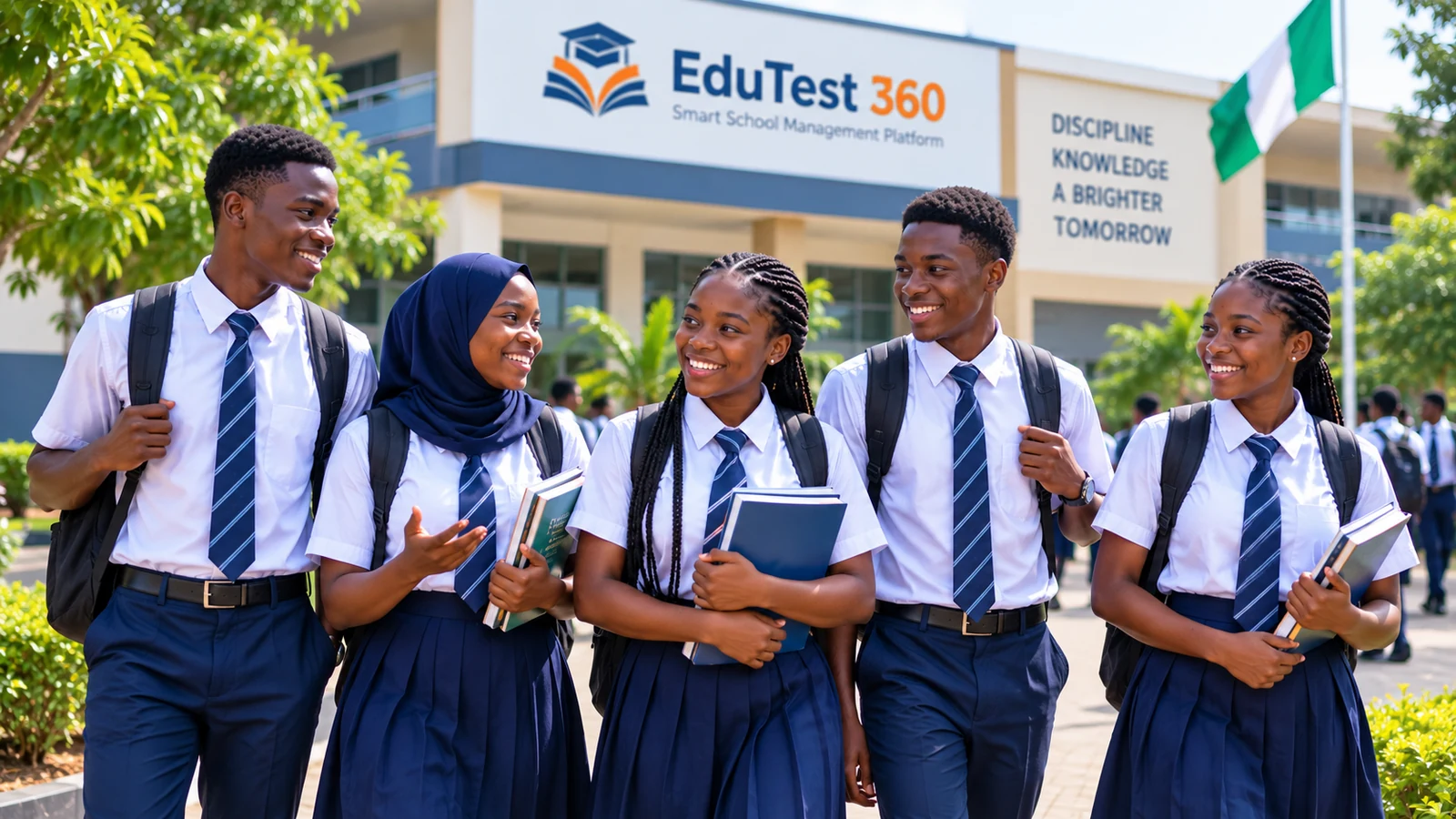 Nigerian secondary school students walking together on a modern campus