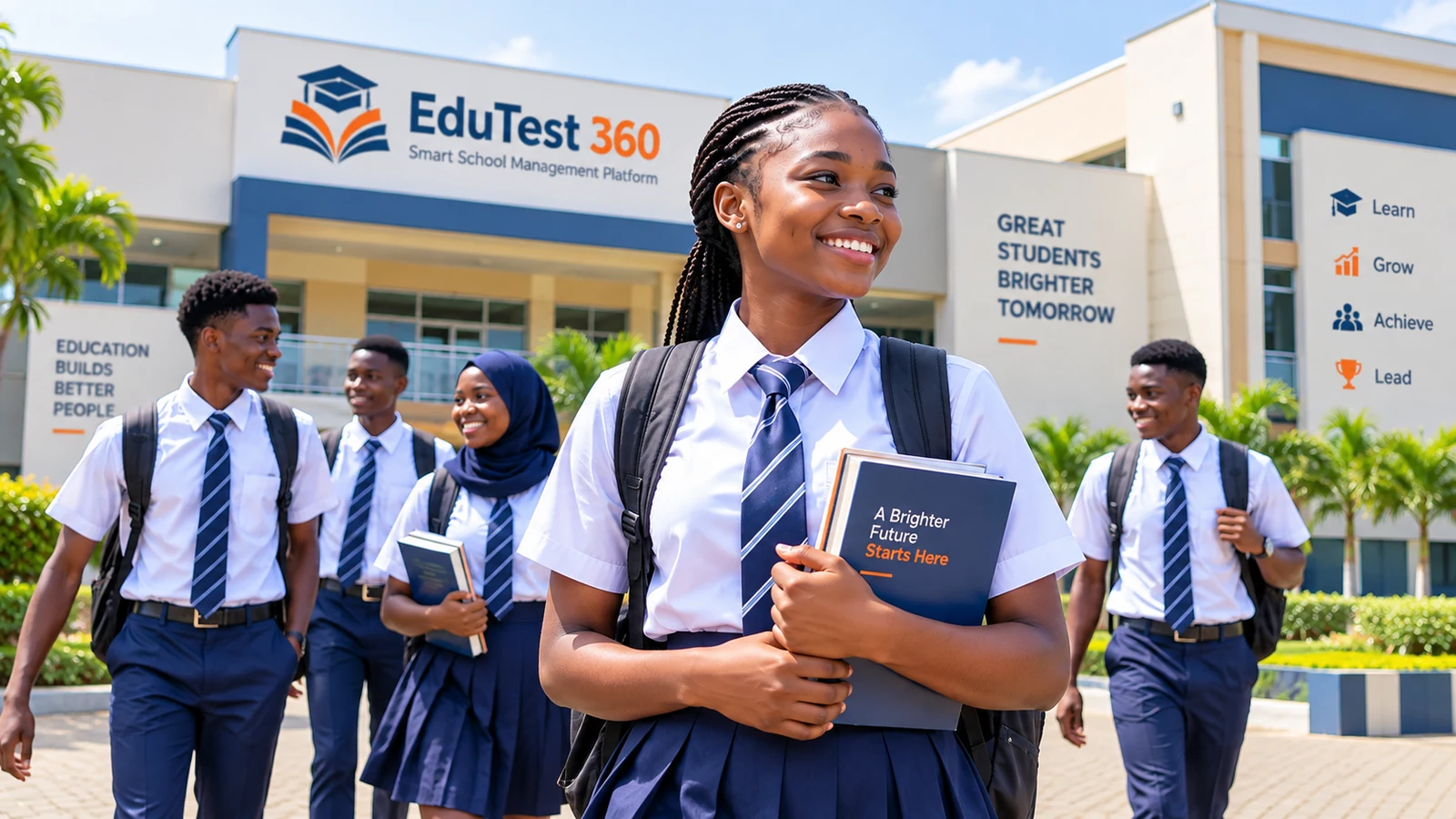 Confident Nigerian schoolgirl with classmates on a modern school campus