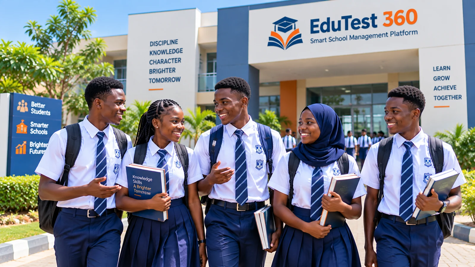 Nigerian students walking and talking outside their school