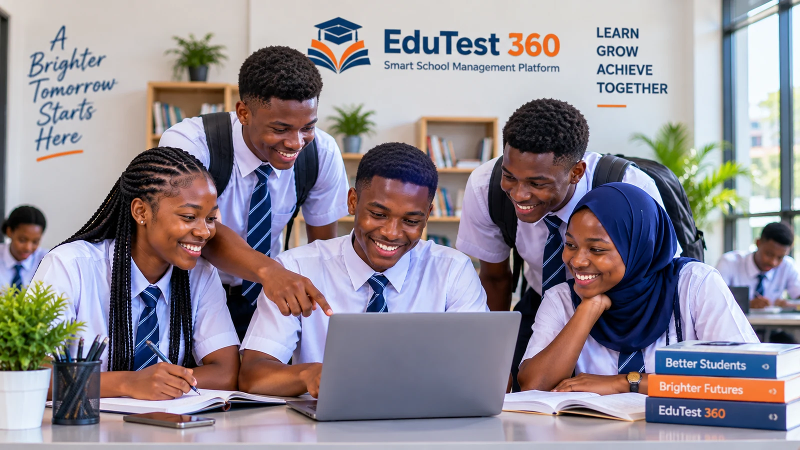 Nigerian students collaborating around a laptop in a classroom